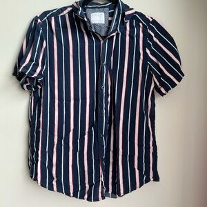 Denim & Flower Ricky Singh Striped Button Up Shirt Navy Red White Size Small